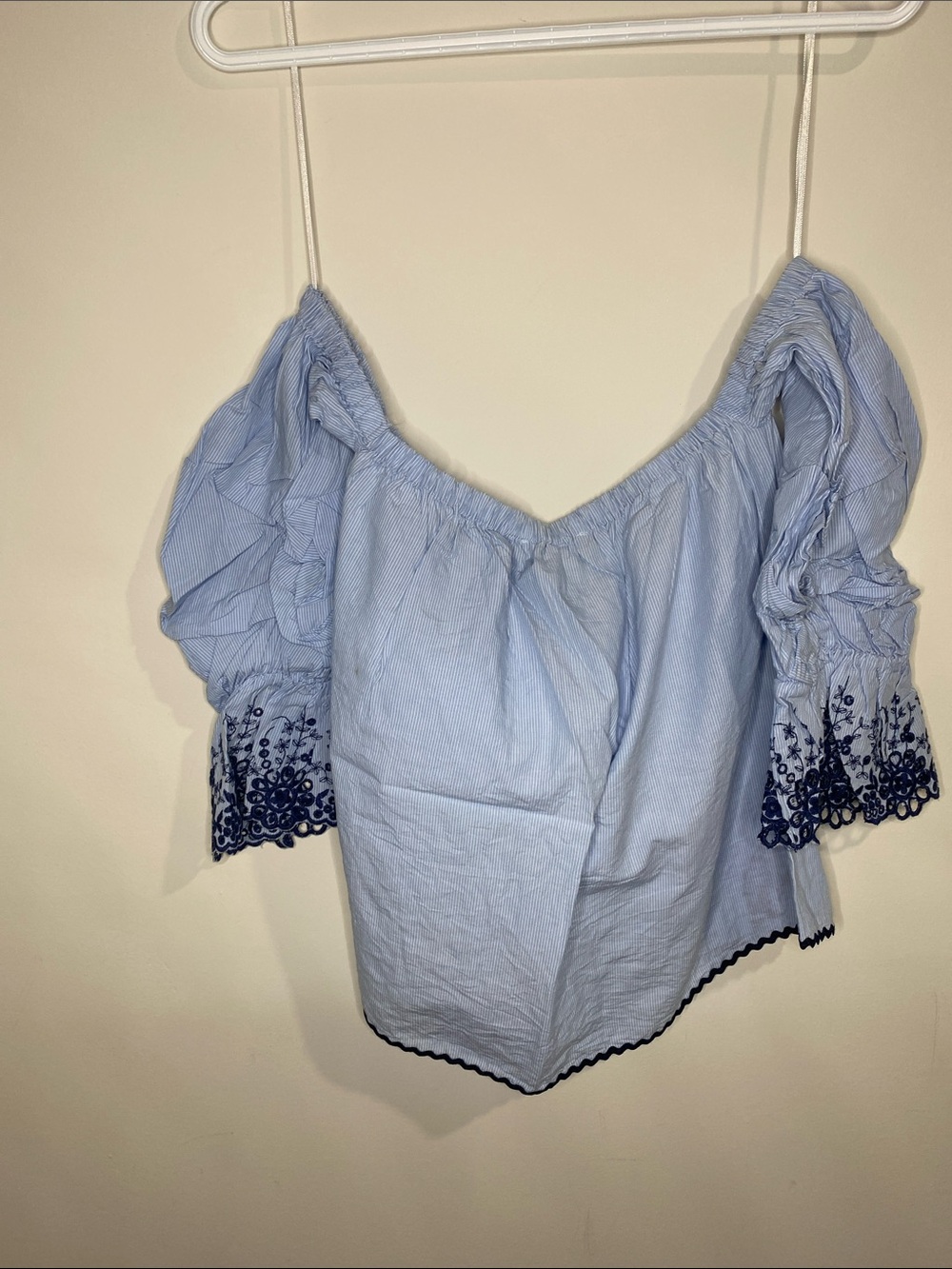 Zara Light Blue Off-Shoulder Top with Navy Embroidery - Picture 5 of 7